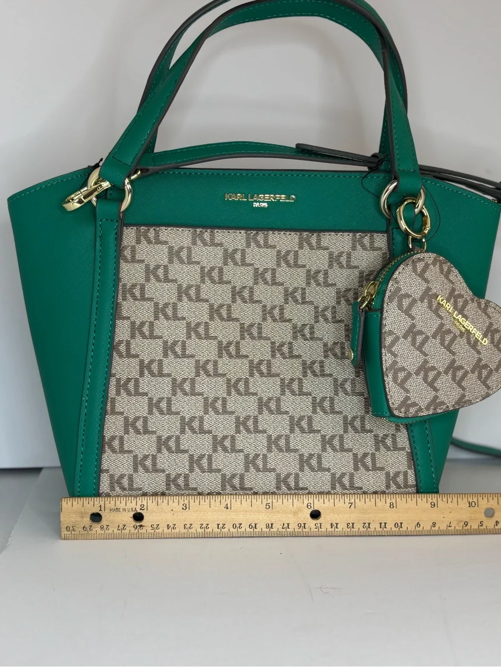 Karl Lagerfeld Teal and Beige Logo-Panel Satchel with Heart Charm